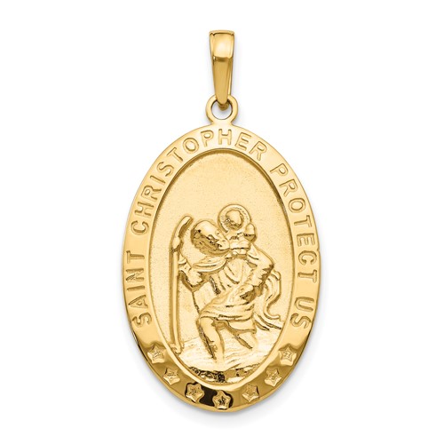 14K Yellow Gold Polished Solid Saint Christopher Medal Oval Pendant