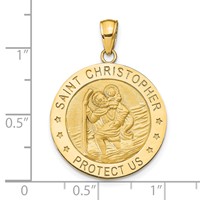 14K Yellow Gold Polished and Satin Solid Saint Christopher Medal Round Pendant view 3