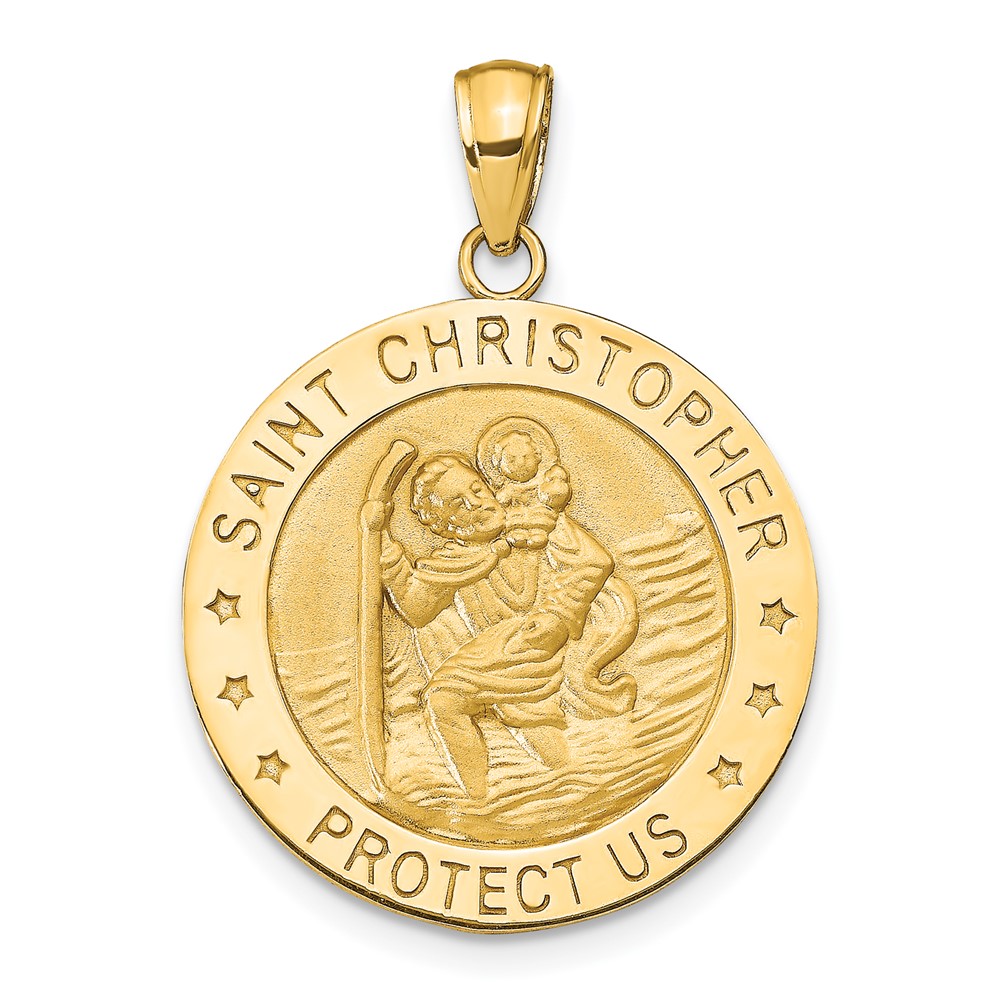 14K Yellow Gold Polished and Satin Solid Saint Christopher Medal Round Pendant