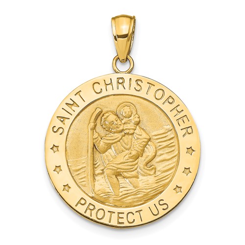 14K Yellow Gold Polished and Satin Solid Saint Christopher Medal Round Pendant