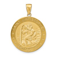14K Yellow Gold Polished and Satin Solid Saint Christopher Medal Round Pendant view 1