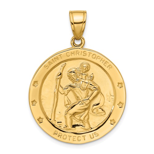 14K Yellow Gold Polished Large Saint Christopher Medal Round Pendant