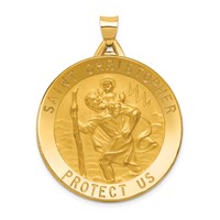 14K Yellow Gold Polished and Satin Solid Large Saint Christopher Medal Round Pendant view 1