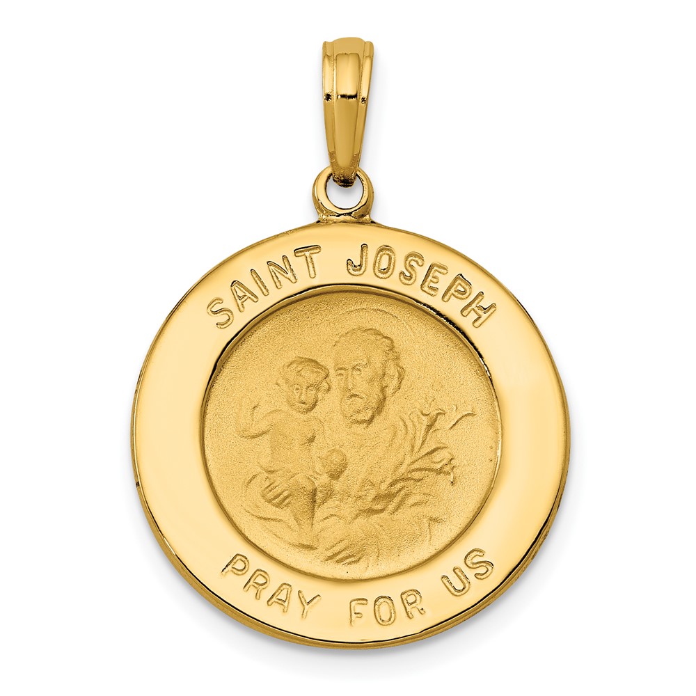 14K Polished and Satin Solid Saint Joseph Medal Round Pendant