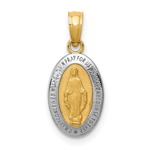14K and White Rhodium Solid Small Miraculous Medal Oval Charm