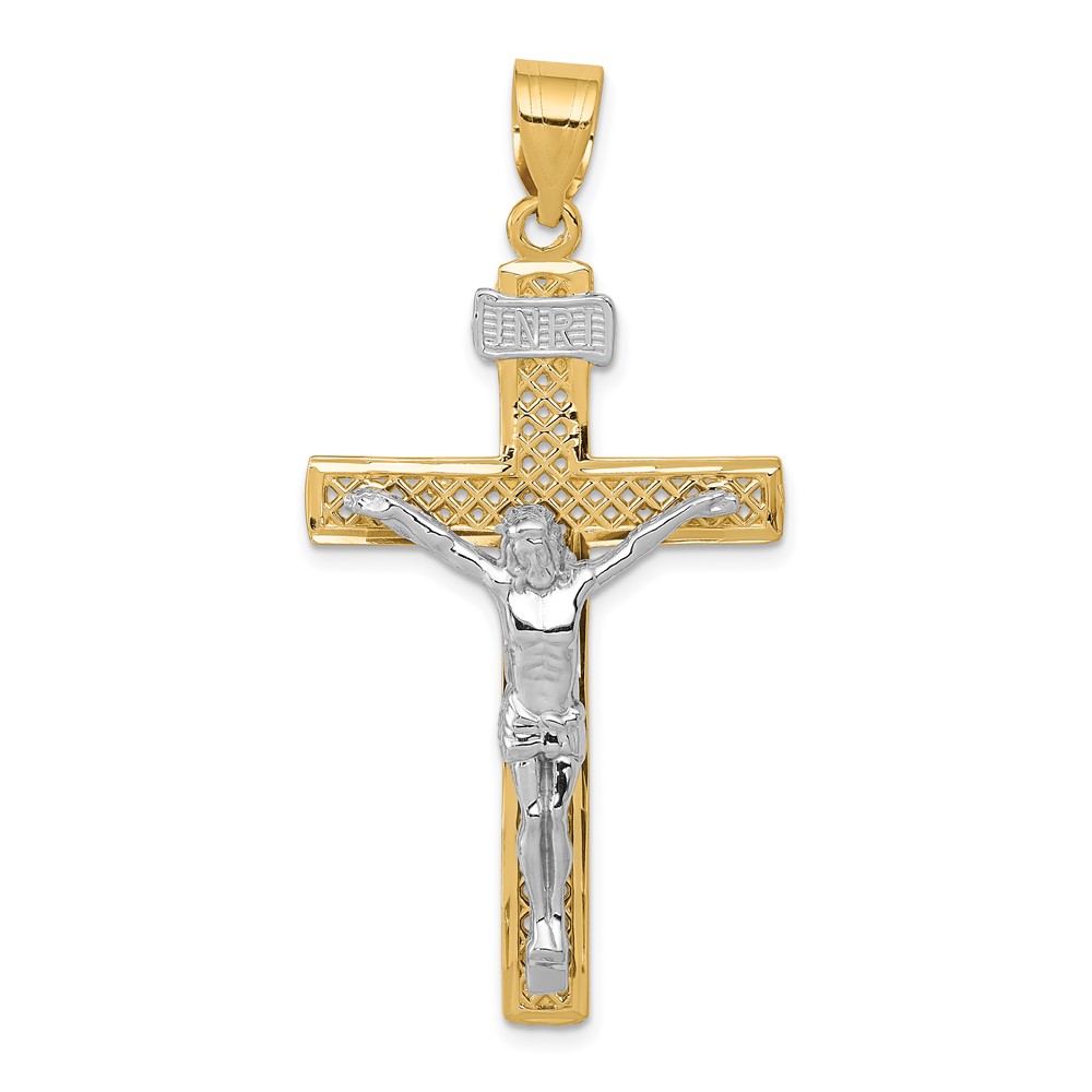 14K Two-tone Diamond-cut Lattice Cross Pendant with Crucifix