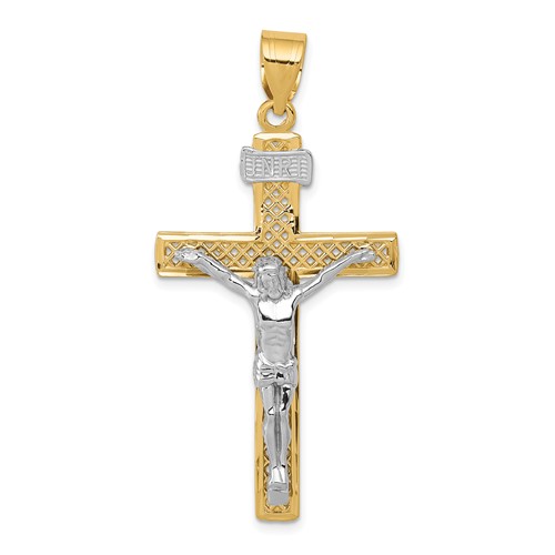 14K Two-tone Diamond-cut Lattice Cross Pendant with Crucifix