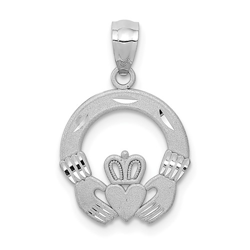 14K White Gold Solid Diamond-cut Claddagh Pendant