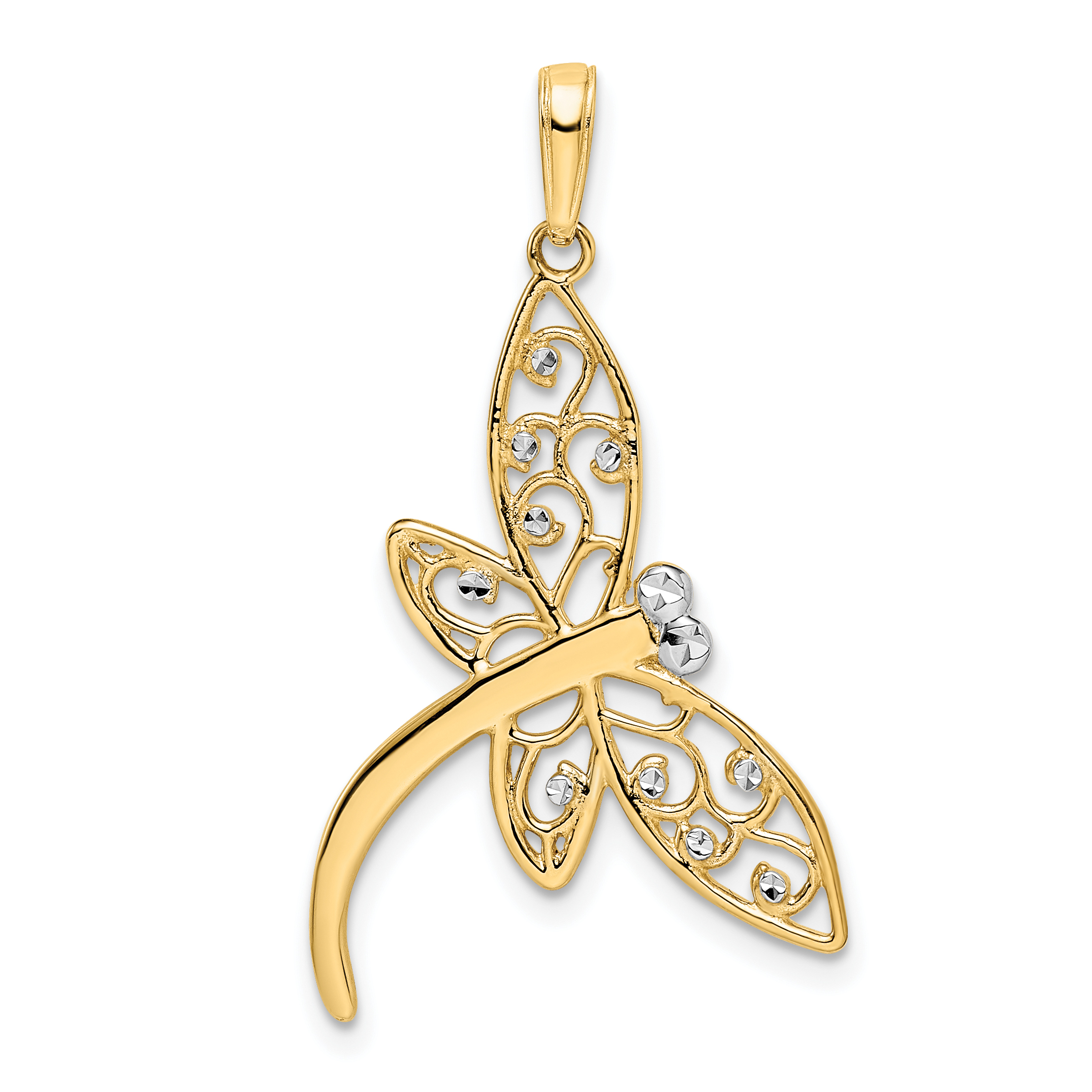 14k and White Rhodium Diamond-cut Filigree Dragonfly Pendant (M2909)
