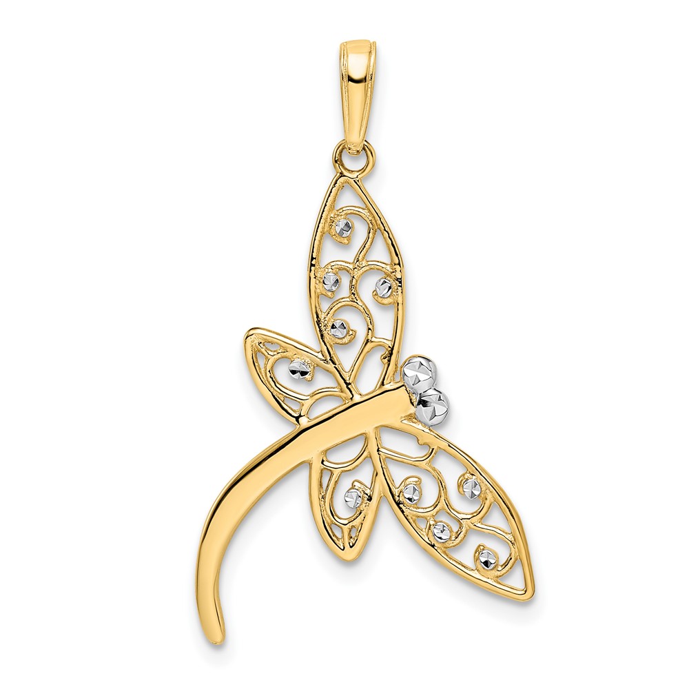 14k and White Rhodium Diamond-cut Filigree Dragonfly Pendant (M2909)