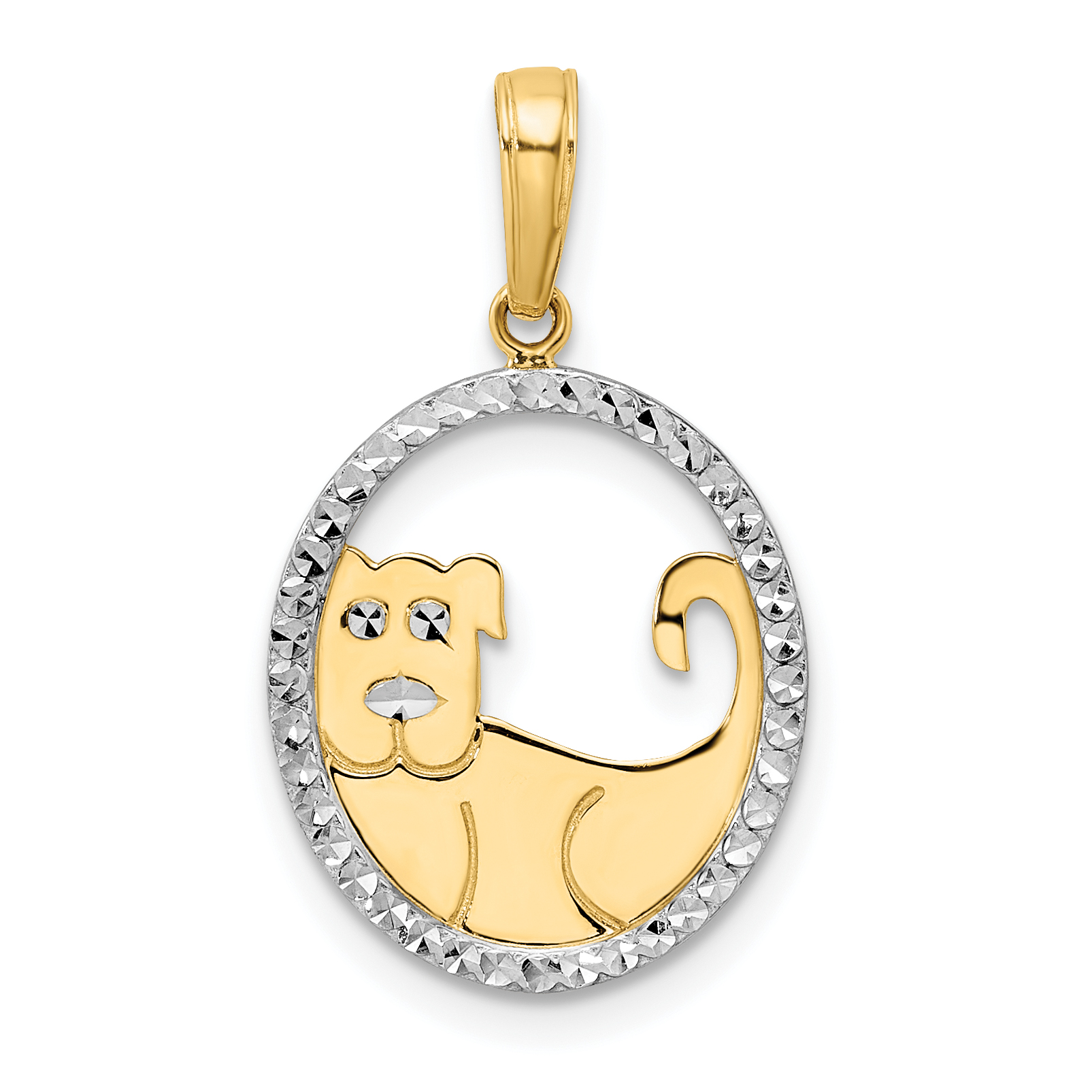 14k and White Rhodium Diamond-cut Dog in Oval Pendant (M2916)