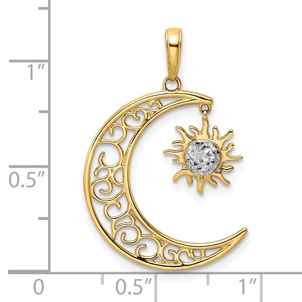 14k and White Rhodium Diamond-cut Moon and Dangle Sun Pendant (M2921)