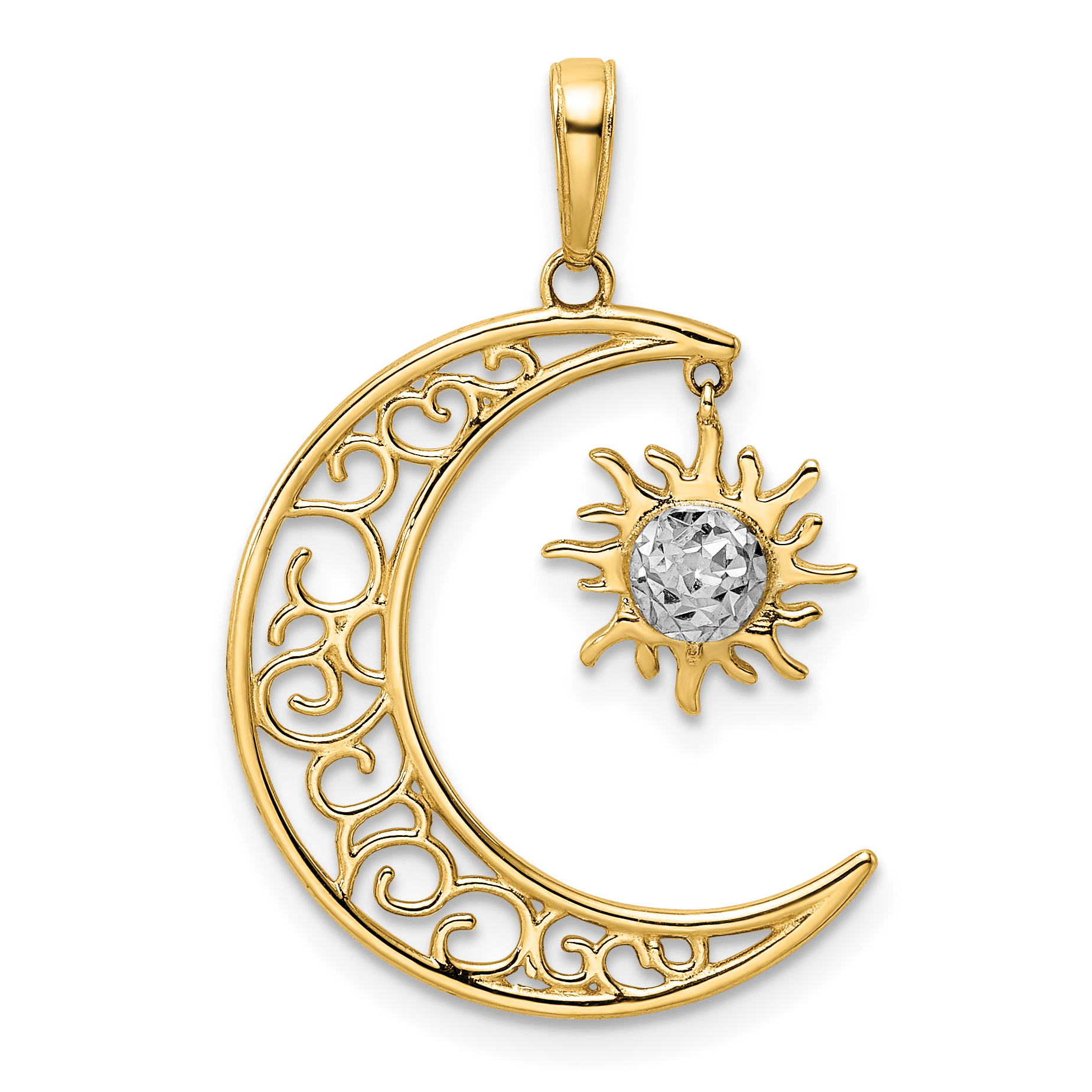 14k and White Rhodium Diamond-cut Moon and Dangle Sun Pendant (M2921)