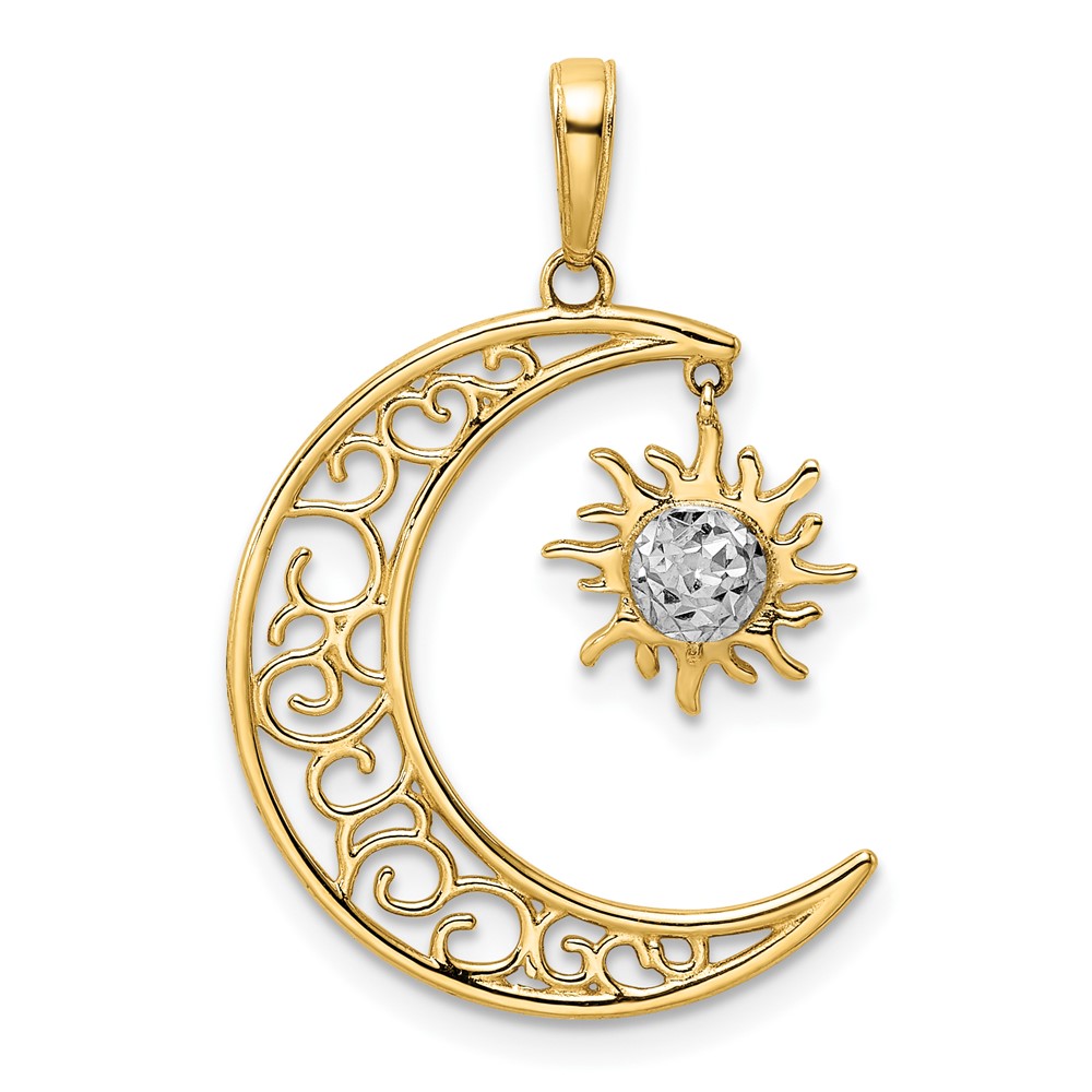 14k and White Rhodium Diamond-cut Moon and Dangle Sun Pendant (M2921)