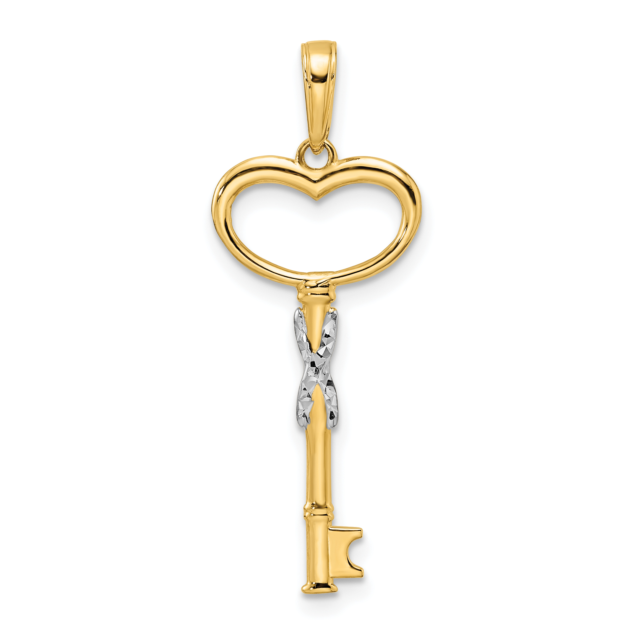 14k and White Rhodium Diamiond-cut Heart Key Pendant (M2931)