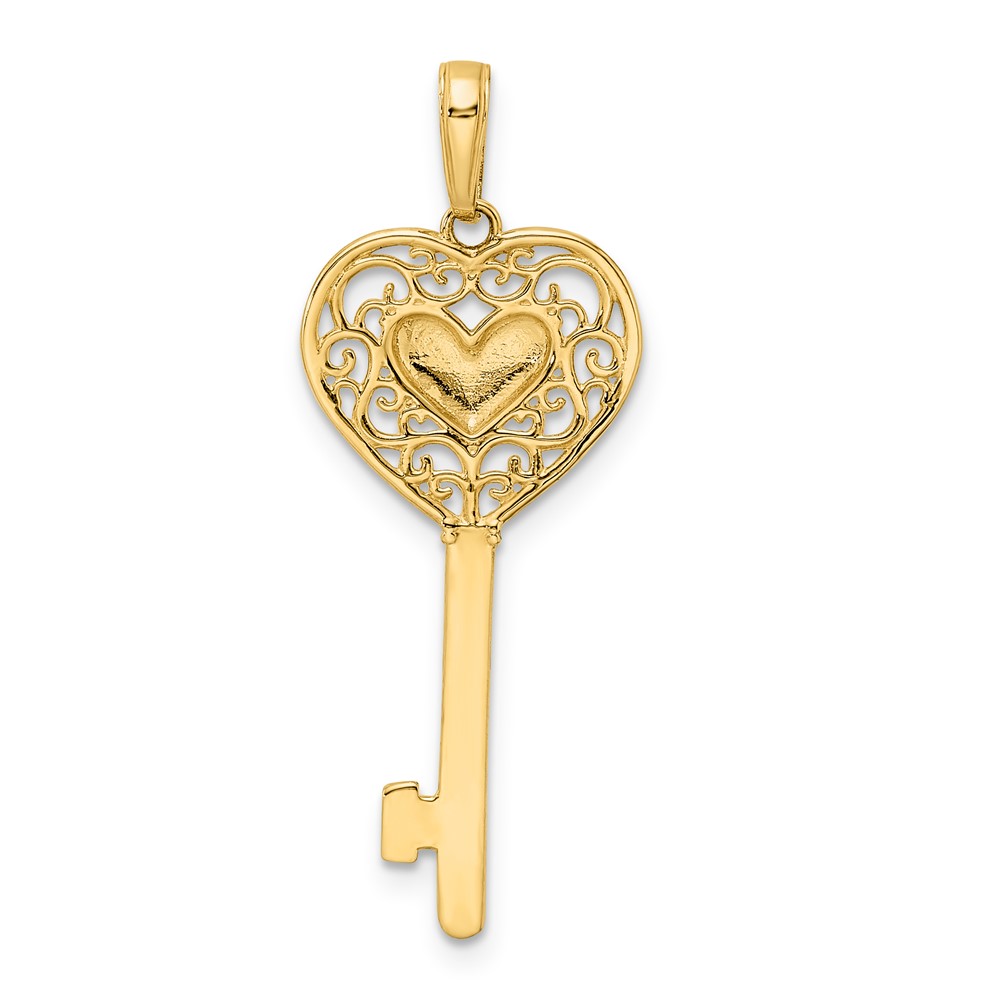 14k and White Rhodium Diamond-cut Heart Filigree Key Pendant (M2932)