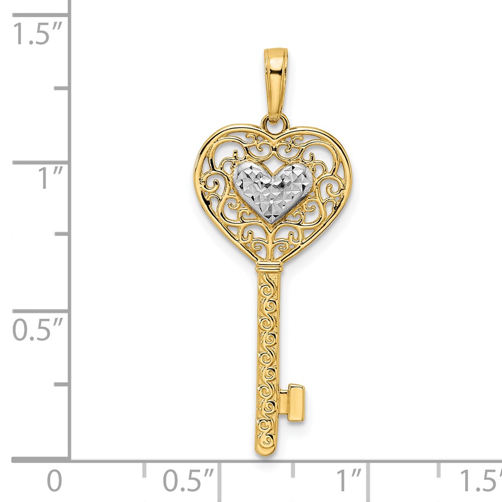 14k and White Rhodium Diamond-cut Heart Filigree Key Pendant (M2932)