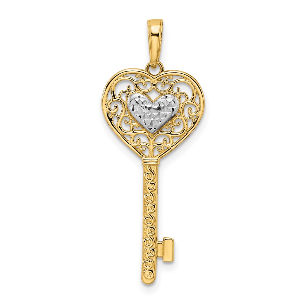 14k and White Rhodium Diamond-cut Heart Filigree Key Pendant (M2932)