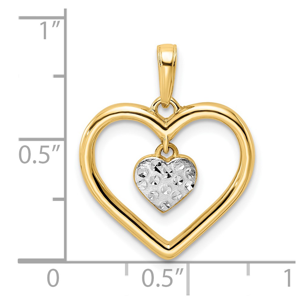 14k and White Rhodium Diamond-cut Heart w/Dangle Heart Pendant (M2937)