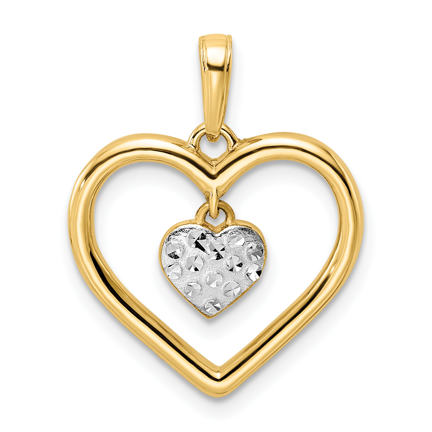 14k and White Rhodium Diamond-cut Heart w/Dangle Heart Pendant (M2937)