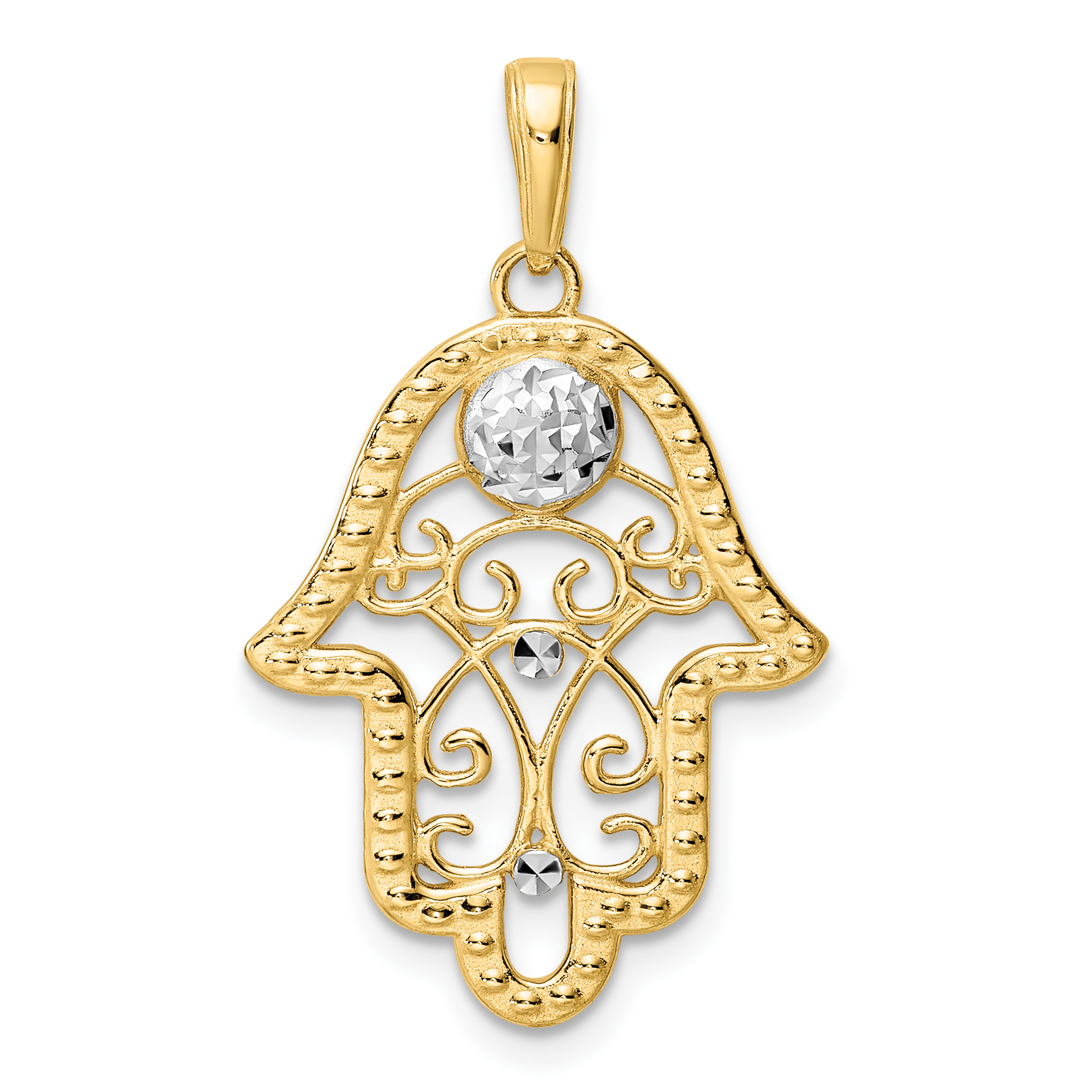 14k & White Rhodium D/C Evil Eye Filigree Hamsa Pendant (M2944)
