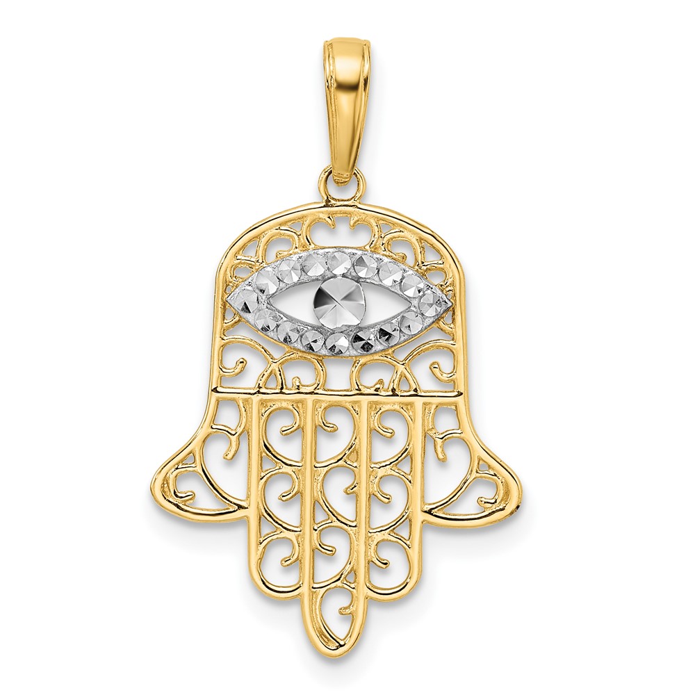 14k & White Rhodium D/C Filigree Evil Eye Hamsa Pendant (M2947)
