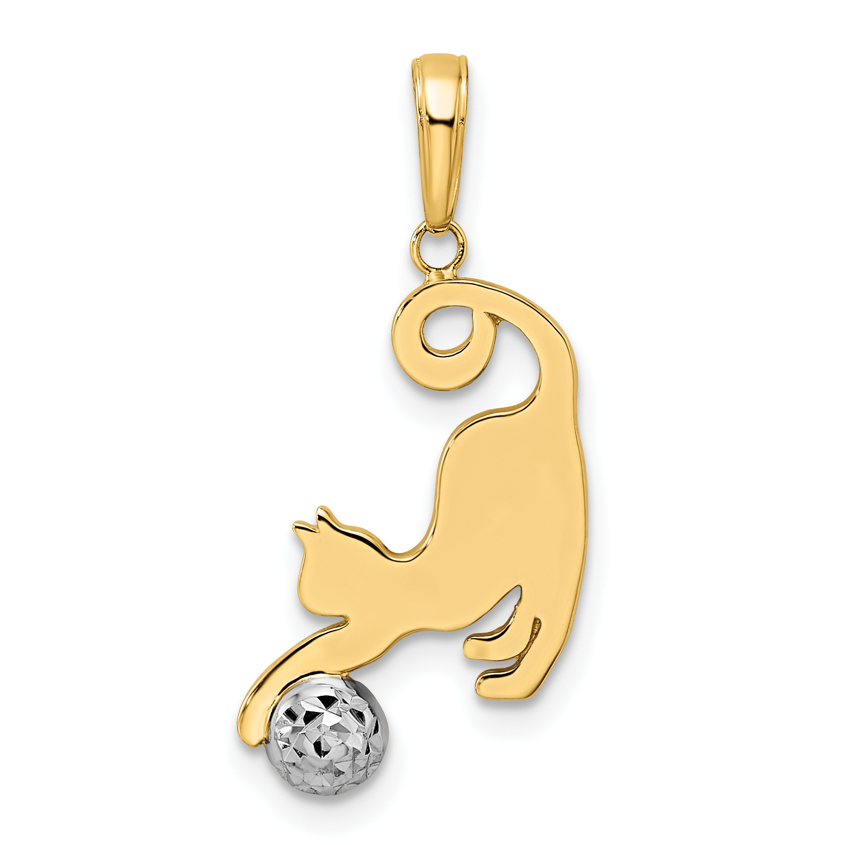 14k and White Rhodium Diamond-cut Cat and Ball Pendant (M2950)