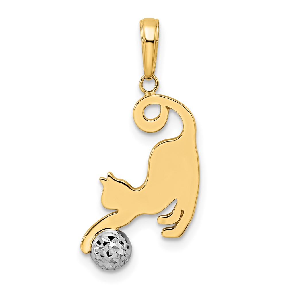 14k and White Rhodium Diamond-cut Cat and Ball Pendant (M2950)