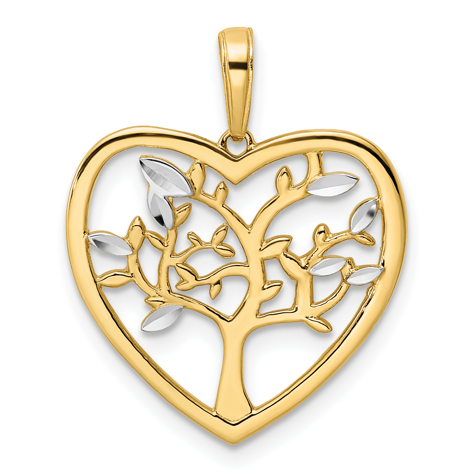 14k and White Rhodium Diamond-cut Tree of Life Heart Pendant (M2954)