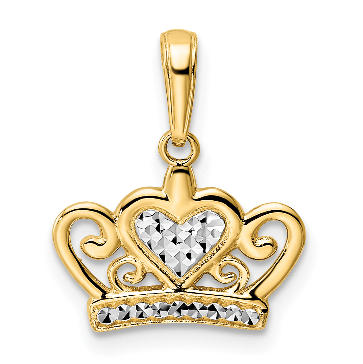 14k and White Rhodium Diamond-cut Heart Crown Pendant (M2959)