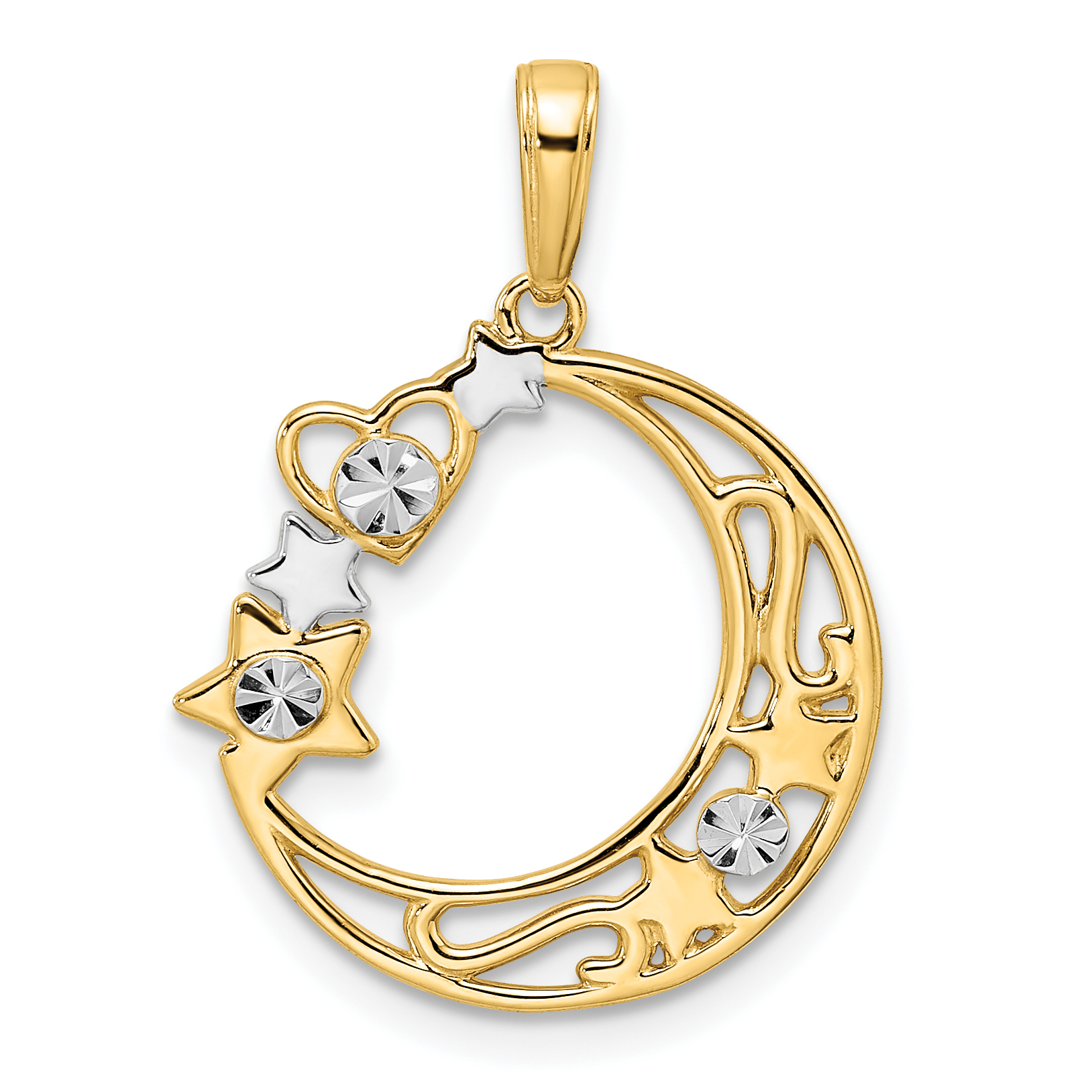 14k & White Rhodium D/C Heart, Star & Moon Pendant (M2961)