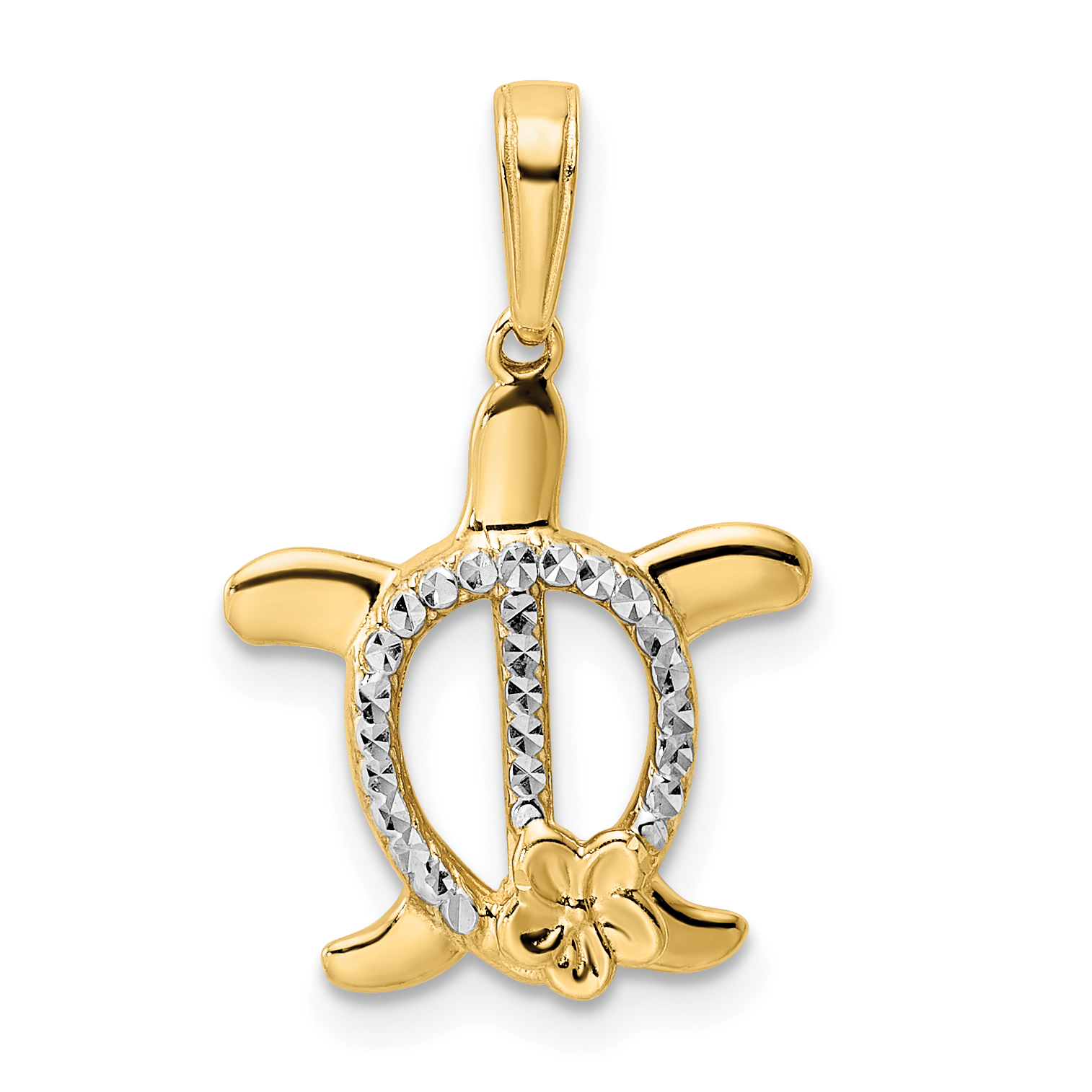 14k and White Rhodium Diamond-cut Turtle w/ Flower Pendant (M2993)
