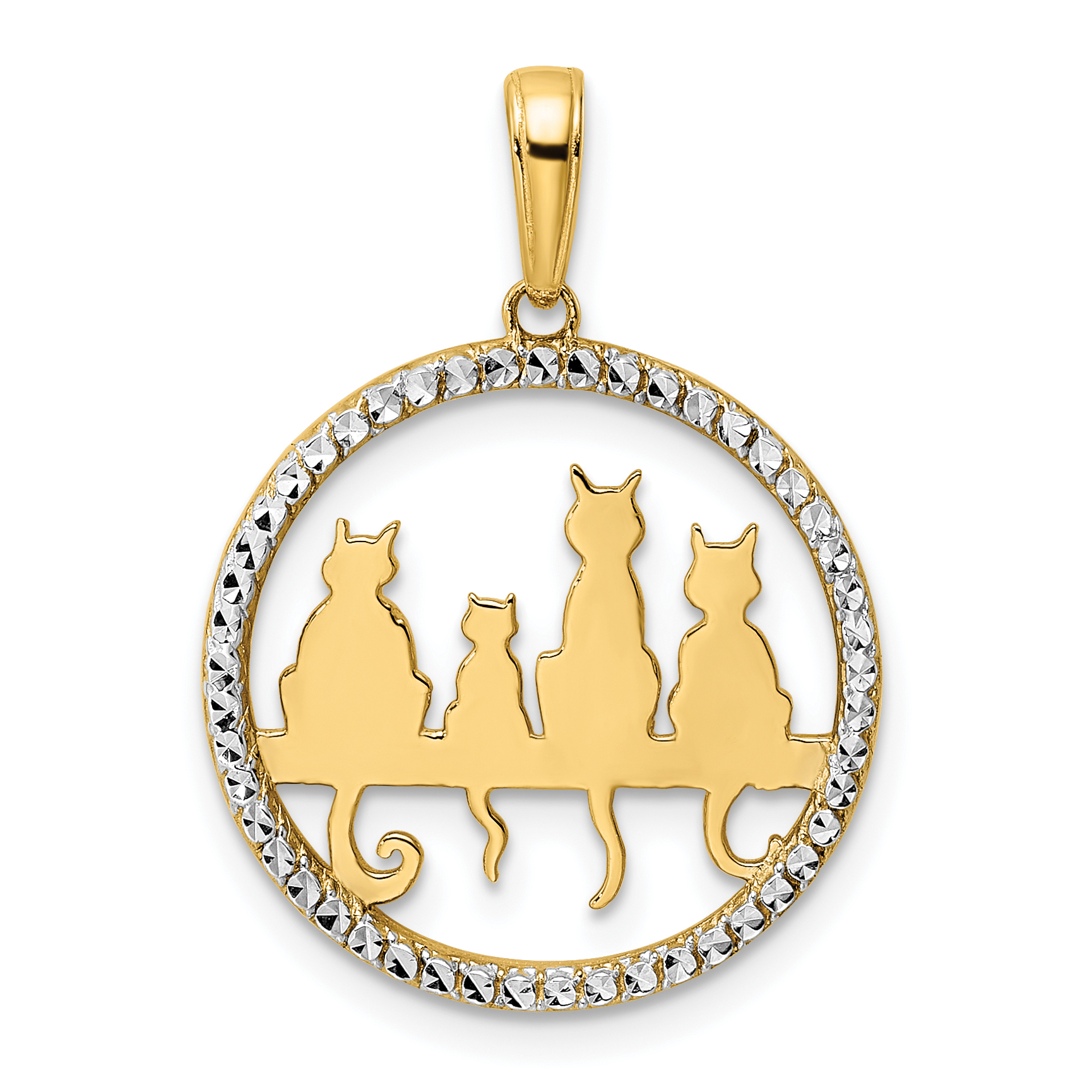 14k and White Rhodium Diamond-cut Cats Sitting on Bench Pendant (M2997)