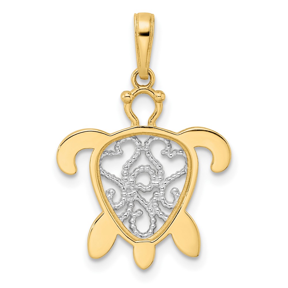 14k and White Rhodium Diamond-cut Filigree Turtle Pendant (M2998)