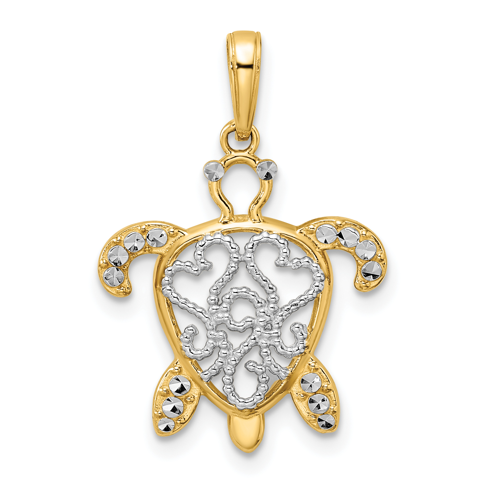 14k and White Rhodium Diamond-cut Filigree Turtle Pendant (M2998)