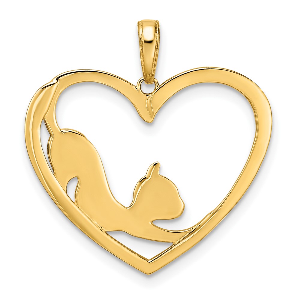 14k and White Rhodium Diamond-cut Cat Stretching in Heart Pendant (M3001)
