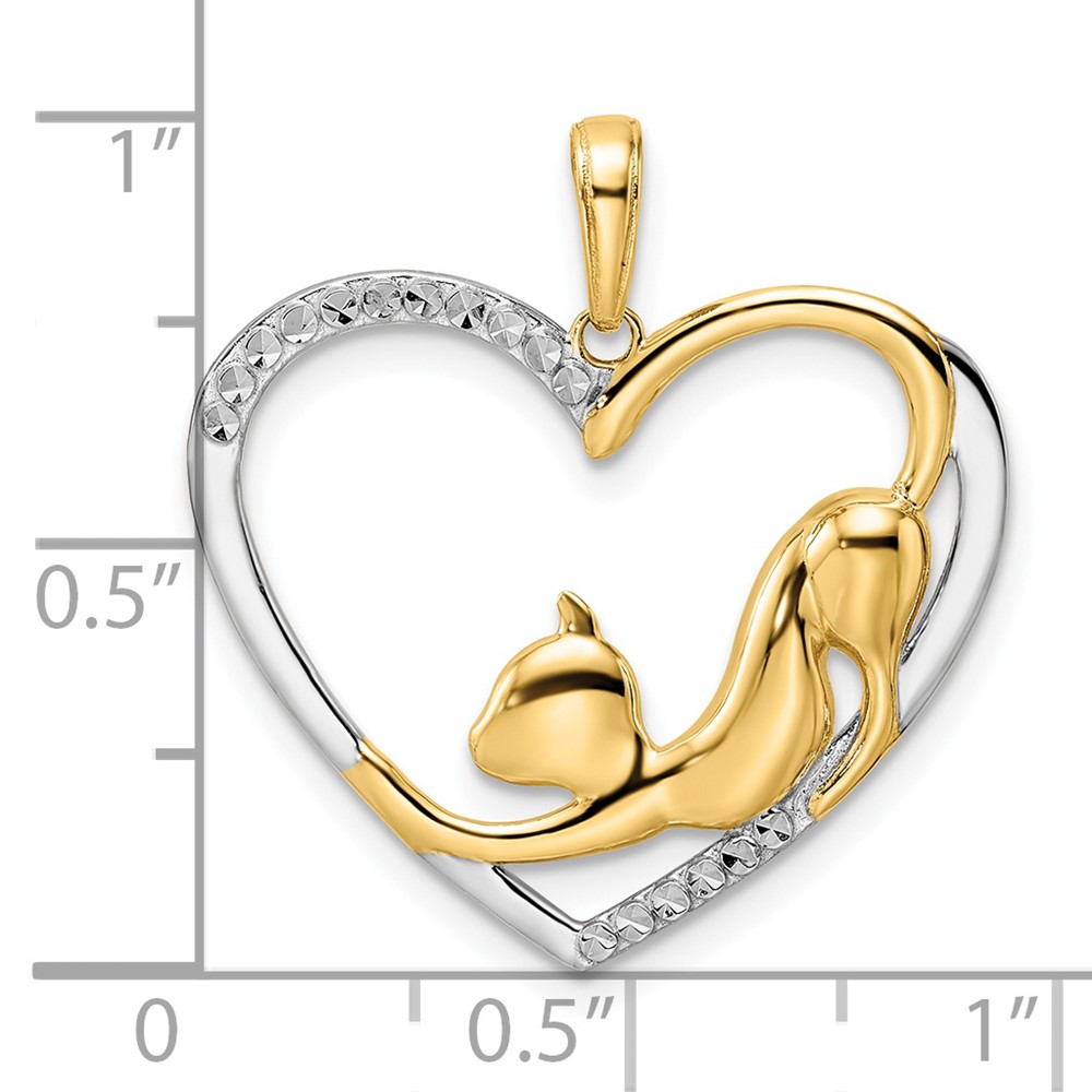 14k and White Rhodium Diamond-cut Cat Stretching in Heart Pendant (M3001)