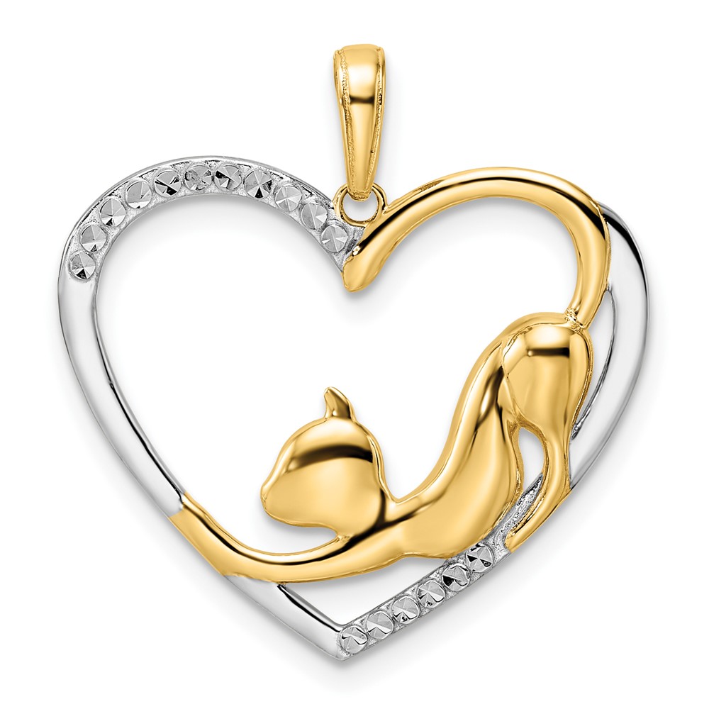 14k and White Rhodium Diamond-cut Cat Stretching in Heart Pendant (M3001)