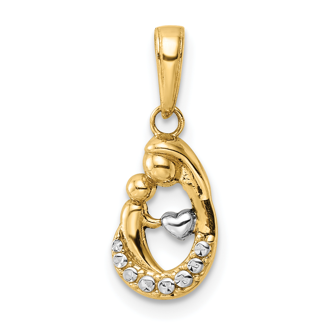 14k and White Rhodium Diamond-cut Mother and Baby Teardrop Pendant (M3016)