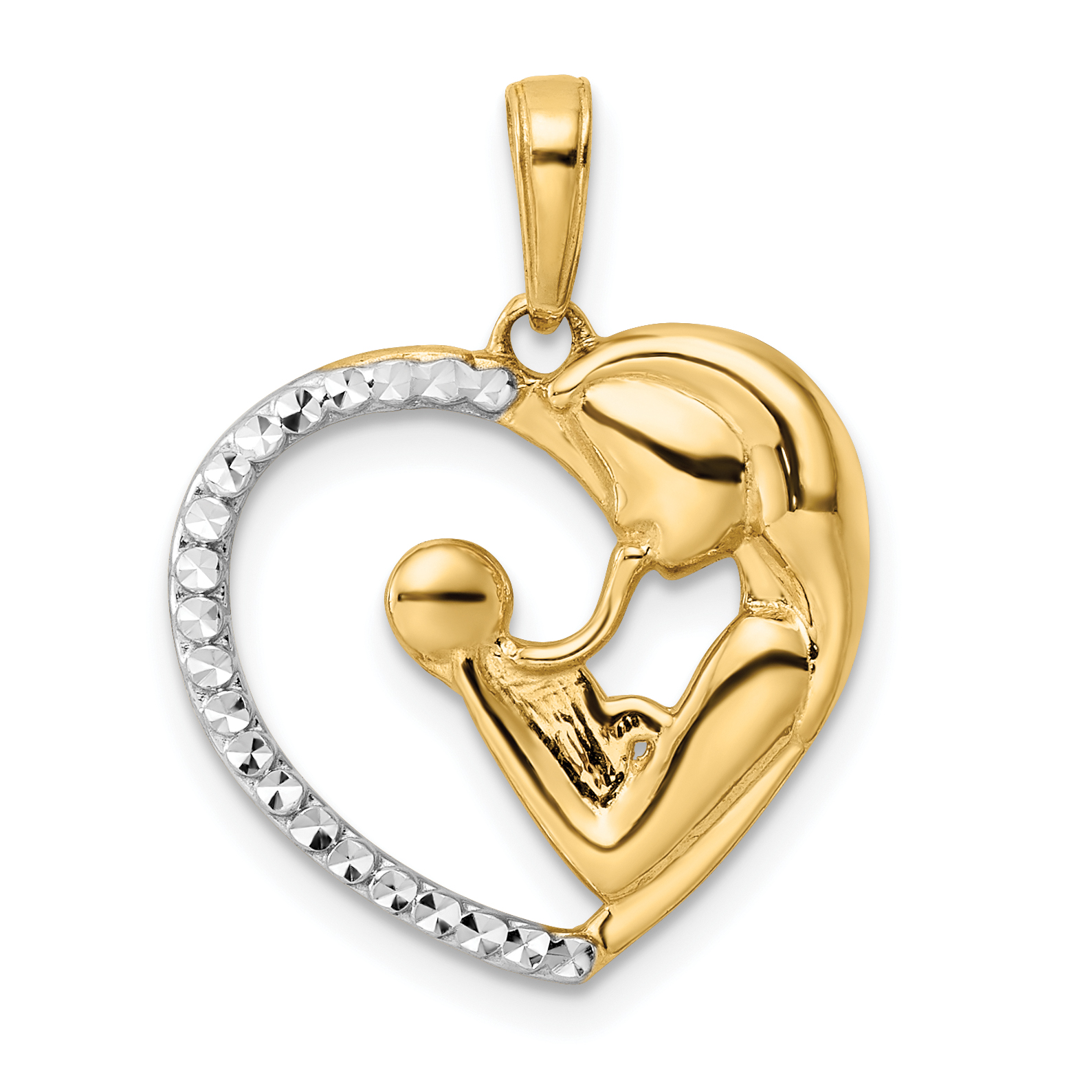 14k and White Rhodium Diamond-cut Mother and Baby Heart Pendant (M3017)