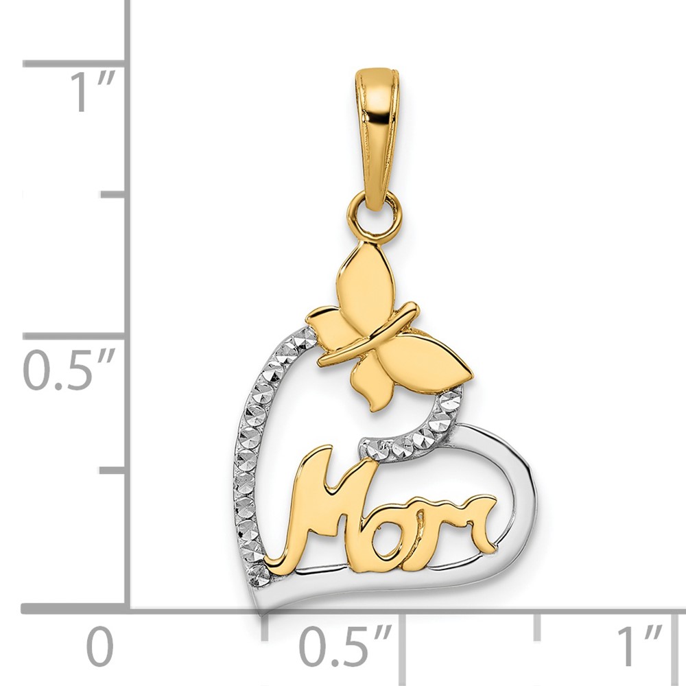 14K w/White Rhodium Diamond-cut Butterfly Mom in Heart Pendant (M3024)