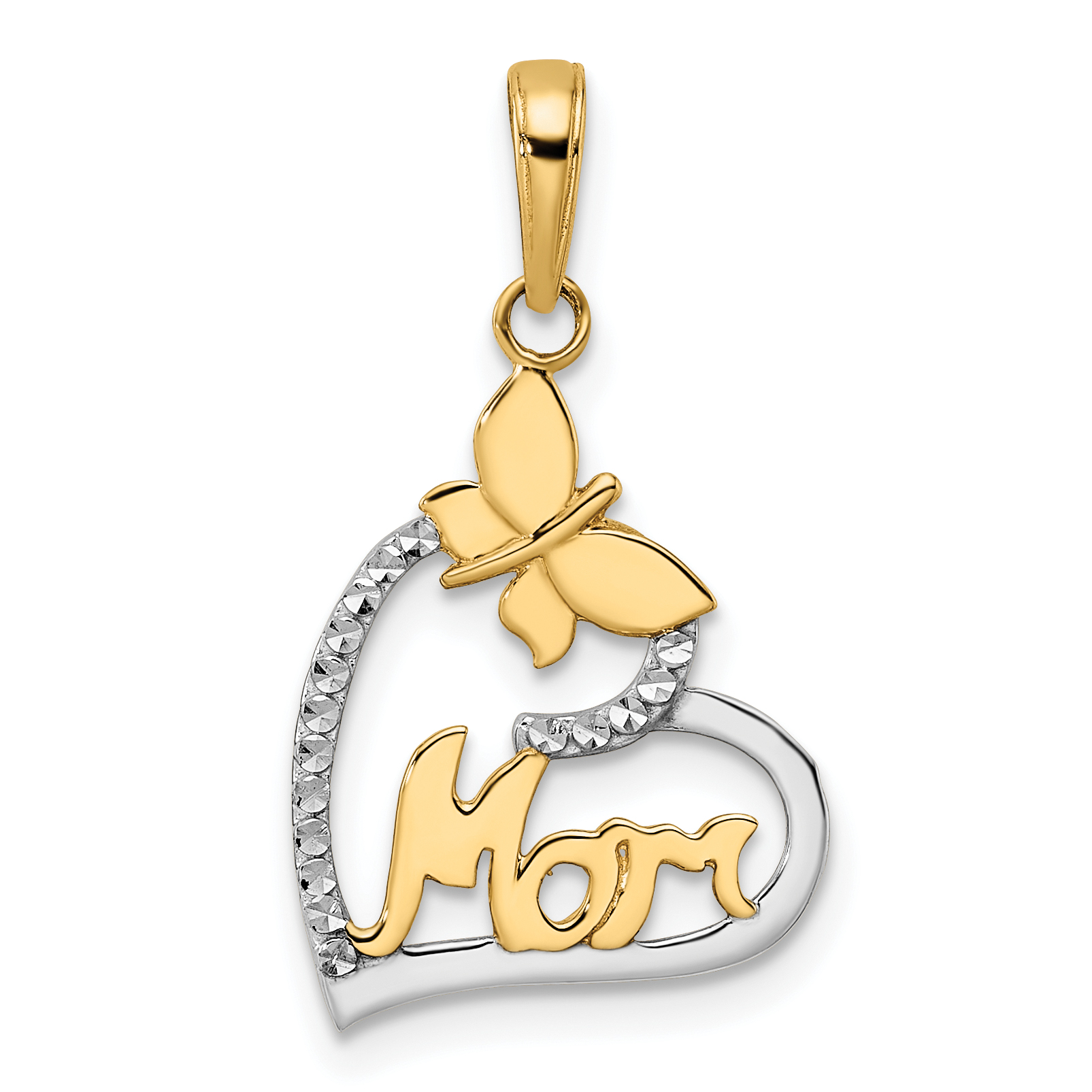 14K w/White Rhodium Diamond-cut Butterfly Mom in Heart Pendant (M3024)