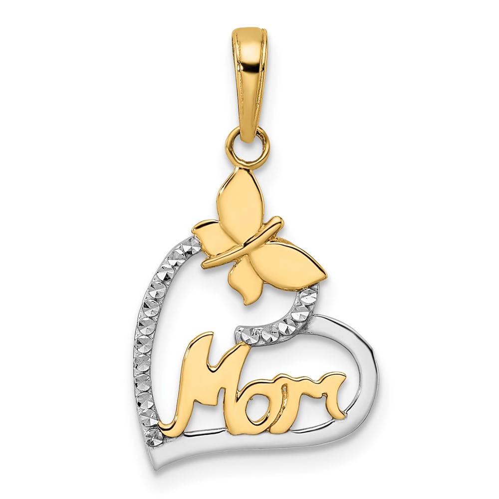 14K w/White Rhodium Diamond-cut Butterfly Mom in Heart Pendant (M3024)