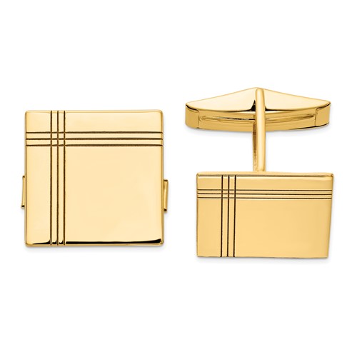 14K Yellow Gold Mens Square with Line Design Cuff Links