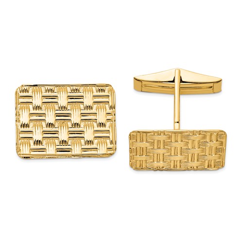 14K Yellow Gold Mens Basketweave Textured Cuff Links