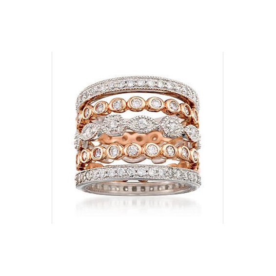 Sterling Silver 3 Rhodium-plated & 2 Rose Gold-plated CZ Eternity Ring Set