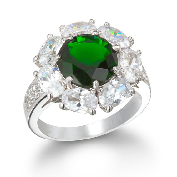 Sterling Silver Rhodium-plated White and Green CZ Ring