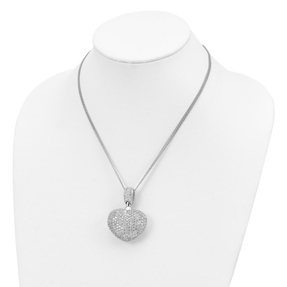 Sterling Silver Rhod Plated CZ Heart Multi Strand Necklace