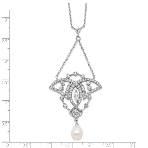 Sterling Silver Rhodium-plated CZ and Freshwater Cultured Pearl Drop 18.5inch Necklace