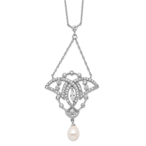 Sterling Silver Rhodium-plated CZ and Freshwater Cultured Pearl Drop 18.5inch Necklace